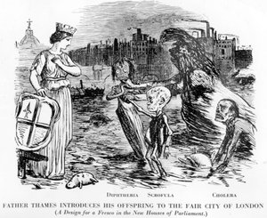 Vader Theems introduceert zijn nakomelingen aan de mooie stad Londen, de nakomelingen zijn difterie, scrofula en cholera. Meer een open riool dan een rivier, de walgelijke staat van de Theems in Londen. door English School