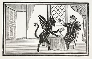 Faustus gewaarschuwd door de Geest om zijn einde te verwachten, illustratie uit Chap-books of the Eighteenth Century door John Ashton, gepubliceerd 1882 door English School
