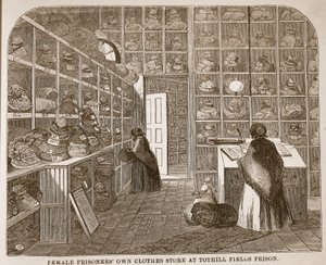 Kledingwinkel voor vrouwelijke gevangenen in Tothill Fields Prison, illustratie uit The Criminal Prisons of London and Scenes from Prison Life door Henry Mayhew en John Binny, uitgegeven in 1862 door English School