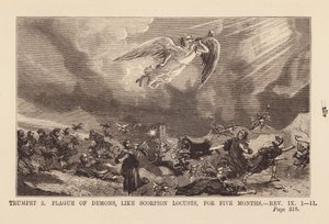 Vijfde engel die een plaag van demonen brengt, als schorpioen sprinkhanen, gedurende vijf maanden (gravure) door English School