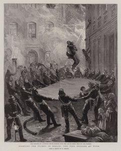 De vlammen bestrijden in Berlijn, de brandweer aan het werk (gravure) door English School