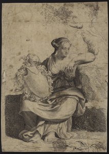 Figuur van een zittende vrouw met een decoratieve fotolijst