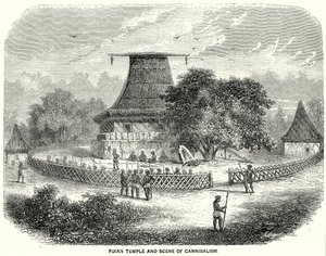 Fijische tempel en scène van kannibalisme (gravure) door English School