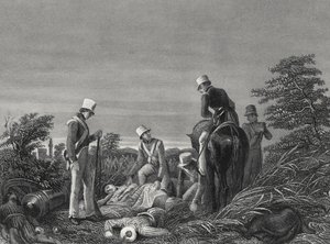 Het vinden van de kleuren van het 24e Regiment na de slag bij Chillianwallah, ca. 1850 (gravure) door English School