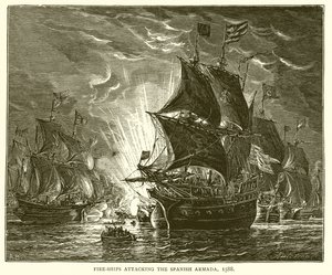 Branderschepen vallen de Spaanse Armada aan, 1588 door English School