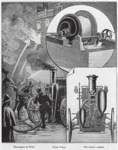 Brandweerwagen aan het werk, schepradpomp, brandweerwagen, doorsnede (gravure) door English School