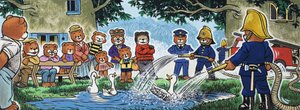 Brandweermannen besproeien eenden