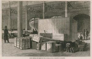 Eerste aankomst van goederen in het Internationale Tentoonstellingsgebouw