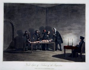 Eerste graad van marteling van de inquisitie, gegraveerd door L.C. Stadler, uitgegeven door Cadell & Davies, Londen, c.1813 door English School