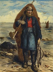 Visser die zijn netten draagt en zijn vangst vasthoudt (gekleurde gravure) door English School