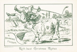 Visser gegooid door stier, kerstkaart