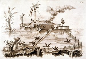 Vissen met aalscholvers met behulp van een waterboot en omheind gebied, illustratie uit 