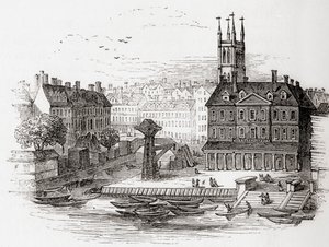 Fleet Ditch, Londen, Engeland in 1749 op het punt waar het uitmondde in de Theems bij Bridewell, uit Old England: A Pictorial Museum, uitgegeven 1847 door English School