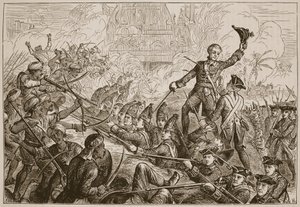 Fletchers verdediging van het redoubt bij Tanjore, illustratie uit Cassells Geïllustreerde Geschiedenis van India door James Grant, uitgegeven 1879 door English School