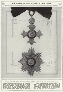 Voor vrouwen en mannen, een nieuwe orde, insignes van de Orde van het Britse Rijk, de badge en ster, eerste klasse door English School
