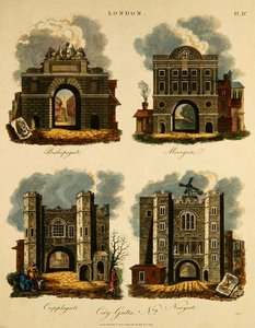 Vier Stadspoorten: Bishopsgate, Moorgate, Cripplegate en Newgate, gegraveerd door J. Pass, gepubliceerd door G. Jones door English School