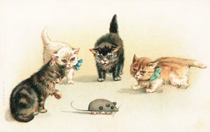 Vier kittens die met een mechanische muis spelen door English School