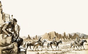 Vier mannen op weg naar Funeral Mountain en Death Valley daarachter