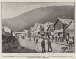 Front Street, Dawson City, kijkend naar het westen, zoals het eruitzag in de zomer van 1898 (gravure) door English School