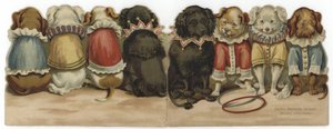 Voor- en achterkant van een kaart met honden in circus kostuums door English School