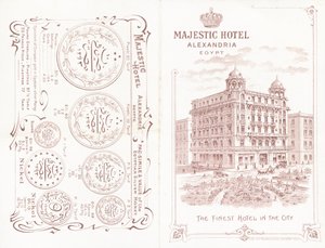 Voor- en achterkant van de brochure voor het Majestic Hotel in Alexandrië