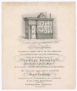 Voorzijde van No 3, Sweetings Alley, Cornhill, onlangs eigendom van Samuel Knights, prentverkoper en lijstenmaker