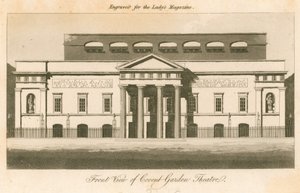 Vooraanzicht van Covent Garden Theatre, Londen (gravure) door English School