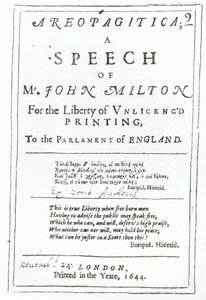 Frontispice van Areopagitica, een toespraak van John Milton, uitgegeven in 1644 door English School