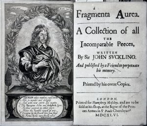 Frontispice van Fragmenta Aurea, een verzameling van alle onvergelijkbare stukken geschreven door Sir John Suckling, gepubliceerd in 1646 door English School