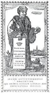 Frontispice van Johannes Gutenberg uit Een Beknopte Geschiedenis van de Oorsprong en Voortgang van de Drukkunst door Philip Luckombe, gepubliceerd in 1770