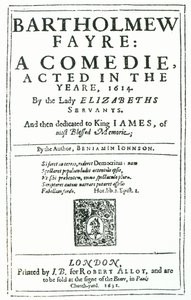 Frontispice van Bartholomew Fayre: Een komedie door Benjamin Jonson (15723-1637) 1631 door English School