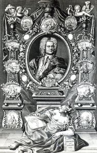 Frontispice voor Maritieme Geschiedenis van Engeland door Thomas Lediard, gepubliceerd in 1735 door English School
