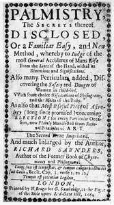 Frontispice voor Palmistry, the Secrets thereof Disclosed door Richard Saunders, 1664