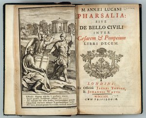 Frontispice van Pharsalia of De burgeroorlog tussen Caesar en Pompeius door Marcus Annaeus Lucan (AD 39-65) gegraveerd door J. Cole, 1719