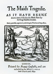 Frontispice van The Maids Tragedy door Sir Francis Beaumont (1584-1616) en John Fletcher (1579-1625) 1622 door English School