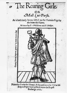 Frontispice van The Roaring Girle of Moll Cut-Purse door Thomas Middleton (1580-1627) en Thomas Dekker (c.1570-1632) 1611 door English School