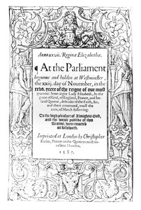 Frontispice van een verslag van het parlement van koningin Elizabeth gehouden tussen 23 november 1584 en 24 maart 1585, gedrukt door Christopher Barker, 1585 door English School
