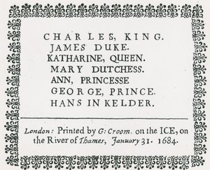 Frost Fair op de Theems, gedrukt souvenir voor koning Karel II en familie, 1684 door English School
