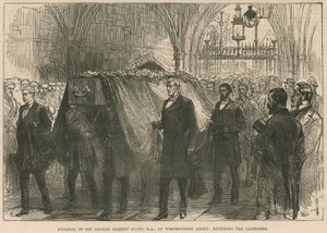 Begrafenis van wijlen Sir George Gilbert Scott, RA, in Westminster Abbey, het binnengaan van de kloosters door English School