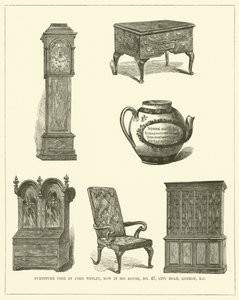 Meubilair gebruikt door John Wesley, nu in zijn huis, nr. 47, City Road, Londen, EC (gravure) door English School