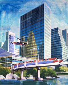 Futuristische monorail en helikopter door English School