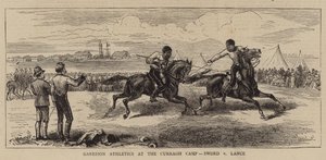 Garnizoensatletiek in het Curragh-kamp, zwaard tegen lans (gravure)