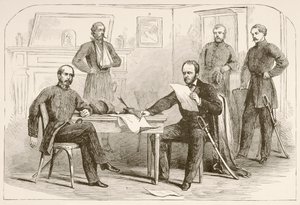 Generaal Joseph Eggleston Johnston geeft het leger van Tennessee over aan Generaal William Tecumseh Sherman (litho) door English School