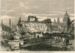 Algemeen uitzicht op de werken voor de London, Chatham en Dover Railway Bridge bij Blackfriars, Londen