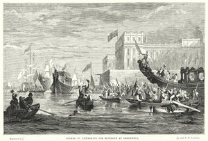 George IV vertrekt naar Schotland in Greenwich (gravure) door English School