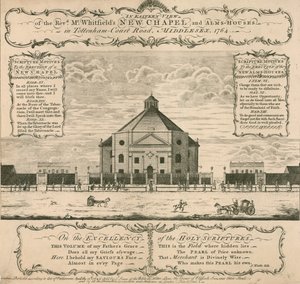 George Whitefields nieuwe Kapel en Almshouses in Tottenham Court Road, Londen, 1764 door English School