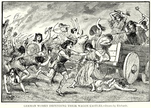 Duitse vrouwen verdedigen hun wagenkastelen (gravure) door English School