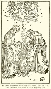 Duitse bijgeloof--Heksen brouwen een toverdrank. Na een houtsnede in Ulrichs Heksen, Augsburg, 1508 door English School