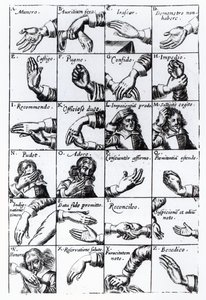 Gebaren voor mime uit John Bulwers Chrilogia Naturall Language of Hand, 1644 door English School