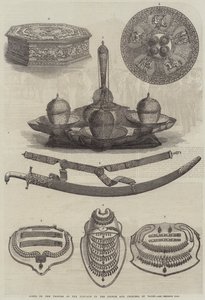 Geschenken van de prinsen van de Punjab aan de prins en prinses van Wales (gravure) door English School